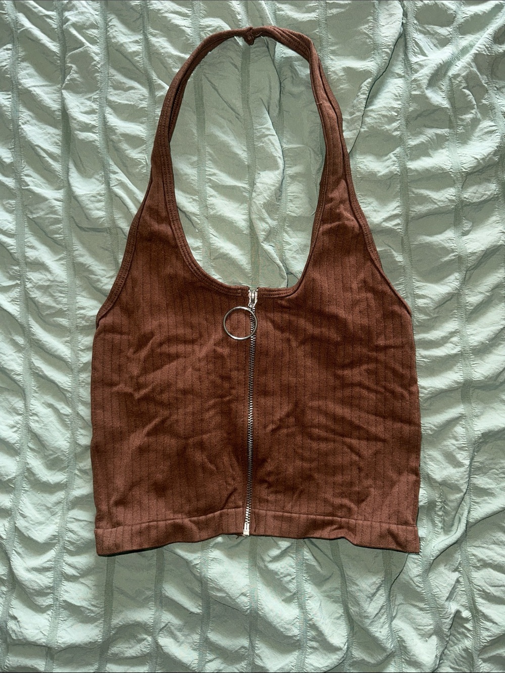 Ribbed Chocolate Halter Zip Crop Top